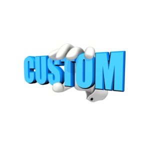 A hand is shown holding a custom text word. Use all capital letters for best result.