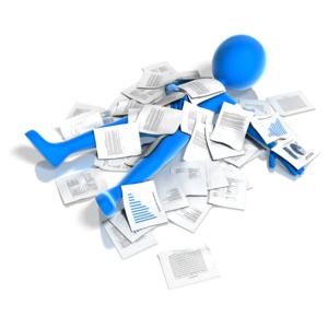 A stick figure lies on the ground covered in a pile of paperwork. This clip-art can represent someone overcome by their workload.