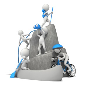 A group of stick figure on a mountain performing various outdoor recreation activities such as hiking, biking and bird watching.