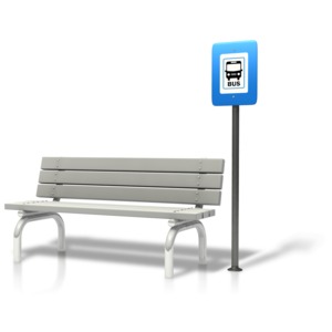 An image of a bench and a bus stop.