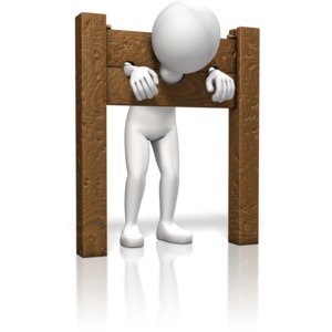 A figure is punished by being put in the stocks.