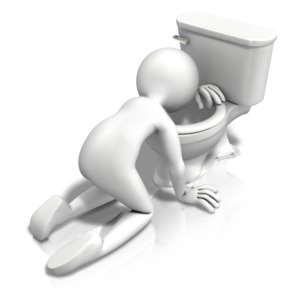An image of a stick figure sick kneeling over a toilet.