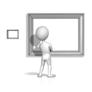 This clip art image shows a figure looking at the bigger picture.  &lt;br&gt;&lt;br&gt;  The center of both the big and small picture frames are transparent allowing you to add your own photos behind the frames in PowerPoint or another photo editing program.