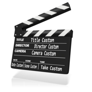 Clipart of a movie clapboard.  The words title, director, and camera are on the board with room for custom text