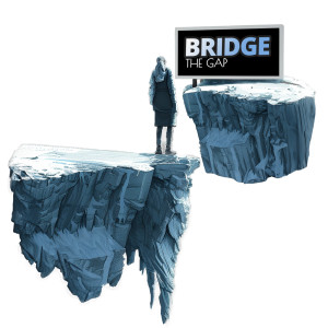 An image of a stick figure standing on the other side of custom text with a bridge extending over the hole.
