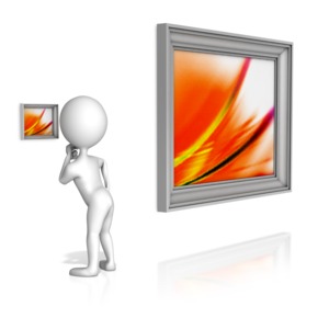This clip art image shows a figure staring intently to see a small picture when a much bigger picture is hanging close by.