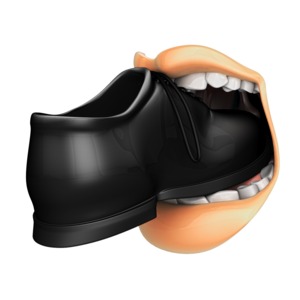 This clip art image shows a foot in a mouth.  Displays the idiom &quot;to put your foot in your mouth&quot;.