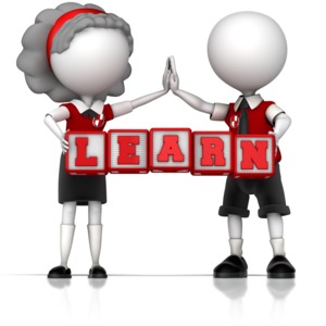 This clip art image shows to students doing a high five as they hold kid blocks that spell the word Learn.