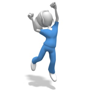 An image of a female nurse or doctor figure jumping up in excitement.