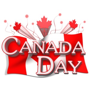 This clip art image shows a decorative Canadian flag with the text Canada Day in front.