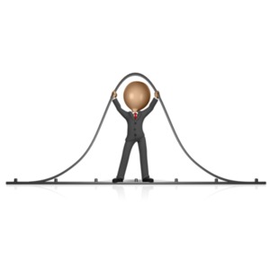 This clip art image shows a business figure reinforcing a bell graph bell curve.