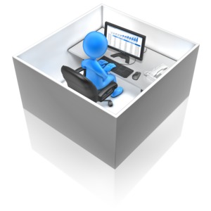 A stick figure works at his desk inside a box. This clip-art can represent a worker being limited in his or her role.
