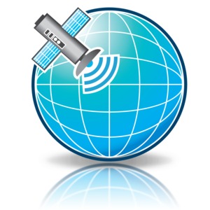 An image of a satellite emitting a signal to the globe.