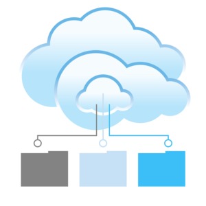 An image of a cloud server or file sharing concept with files being uploaded/downloaded.