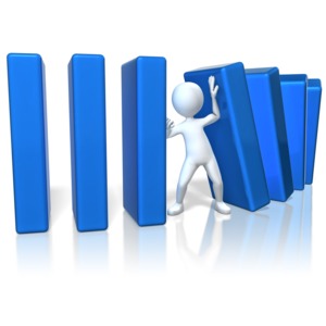 A stick figure stops some dominoes from continuing to fall. This can represent a person stepping in a stopping a problem.