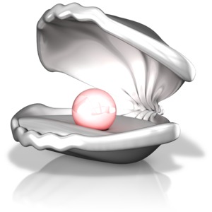 This clip art image shows an open clam with a pearl sitting inside.