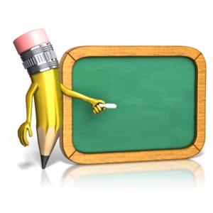 This clip art image shows a pencil character pointing at a chalkboard.