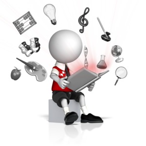 This image shows a school child sitting with an open books with different subject icons around floating around.