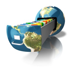 An image of the earth with a file cabinet coming out full of files.
