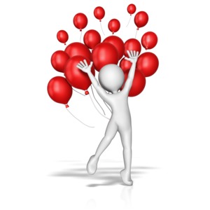 A figure jumps in joy as balloons fly behind.