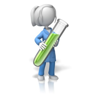 A 3D lady stick figure scientist holds a large test tube with a greenish liquid.  The stick figure is wearing a lab coat .