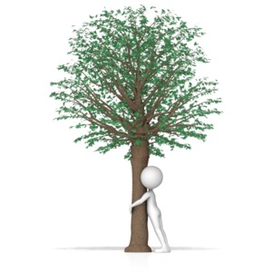 A figure hugging a tree.