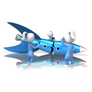 A group of rocket scientists surround a failed rocket launch and try to determine the problem in this troubleshooting concept.