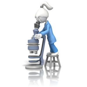 A 3D lady stick figure stands on a stool and pears into a huge microscope.  A concept of scientific research or examination.