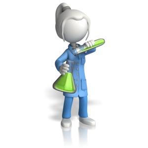 A 3D lady stick figure pours liquid out of a test tube in to a glass flask in the chemistry and science related clip art image.