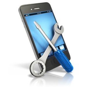 An image of a smart phone with tools in front of screen.