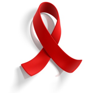 A red awareness ribbon sitting by itself.
