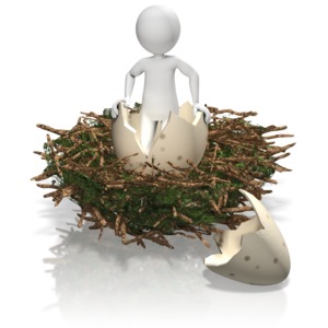 A figure comes out of broken egg shell in a nest.
