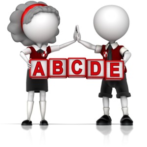 This clip art image shows two students doing a high five as they hold kid blocks that have a spot for custom text.