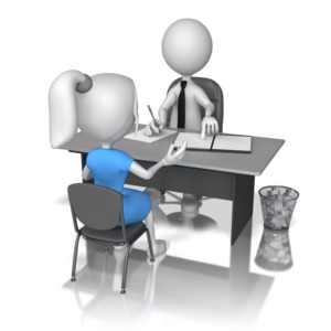 A stick figure interviews a woman stick figure sitting across a desk.