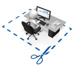 An office employee works inside a &#039;cut here&#039; dotted line on the ground. This clip-art can represent a position that needs replacing.