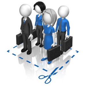 A business team stands inside a &#039;cut here&#039; dotted line. This clip-art can represent a specialized team brought in to fill a need.
