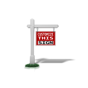 A red custom text sign hangs from a white post in this clipart.
