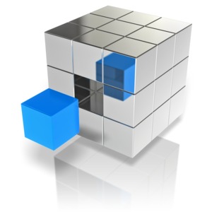 An array of silver cubes with one blue cube standing-out.