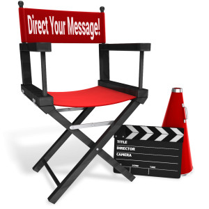 An image of a director&#039;s chair, megaphone, and clapboard with custom text on the director&#039;s chair.