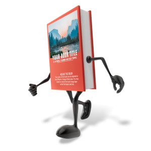 An image of a book-like character with arms and legs walking with room to put custom text on the cover.