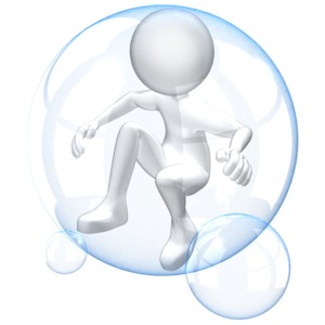 A figure floating in a bubble. This clip-art can represent someone living in isolated conditions.