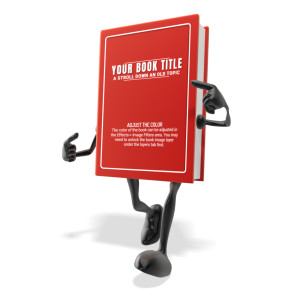 An image of a book-like character with arms and legs walking with room to put custom text on the cover.