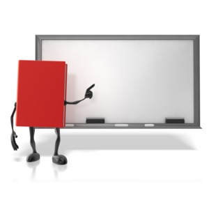 In this clip art image a book character points to a blackboard with a piece of chalk.