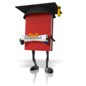 In this clip art image a book character is holding a diploma after graduation.
