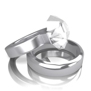 Conjoined platinum wedding rings rest on one another.