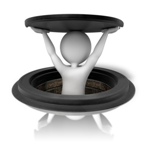 An image of a stick figure in a manhole lifting up the lid.