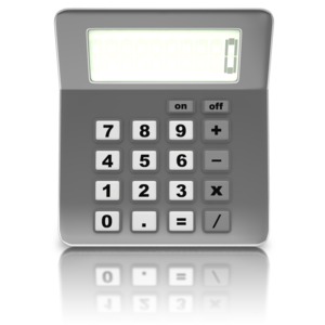 An image of a straight on front view of a calculator.