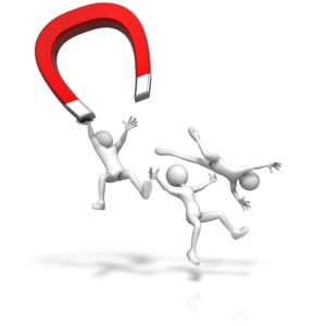 An image of some stick figures getting pulled toward a magnet.