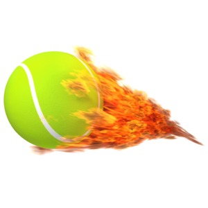 An image of a tennis ball on fire with a long trail.