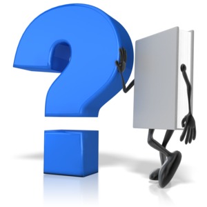A book character is shown leaning against a big blue question mark.
